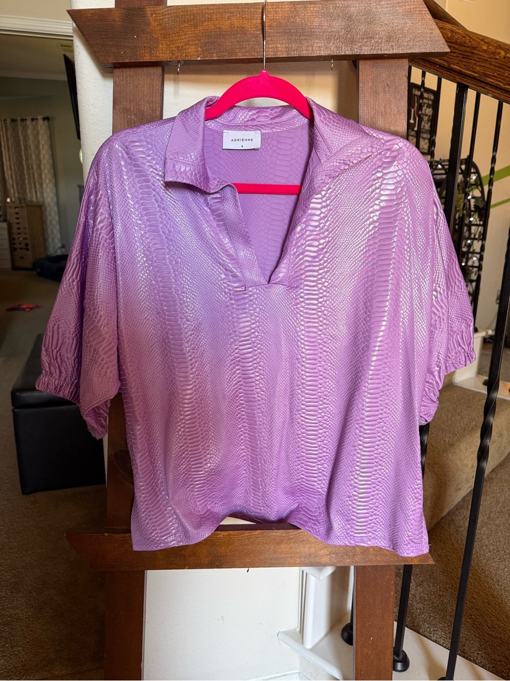 Adrienne Lavender Short Sleeve V-Neck Collared Blouse